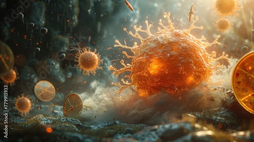 Artistic depiction of a melanoma cell targeted by shields, illustrating the cellular fight against skin cancer, emphasizing research and cure. photo