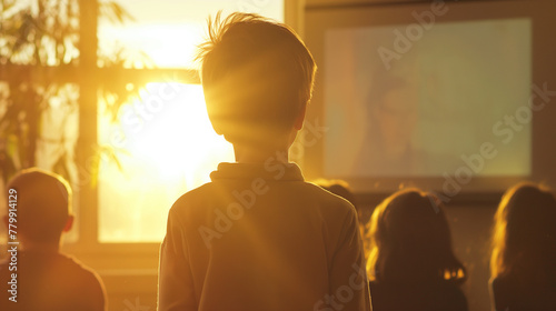 A young boy giving a presentation on a smartboard about his favorite computer scientist, with his classmates watching attentively. The natural backlighting from the room illuminate