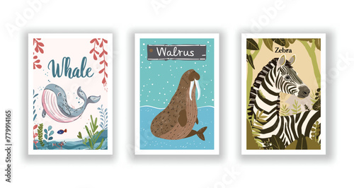 Wildlife and Nature Cards - Walrus. Zebra. Whale, Hand drawn cute Fox flyer. Vector illustration