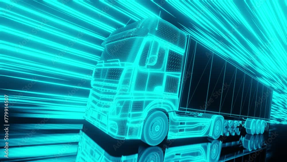 3D animation loop of neon truck riding fast
