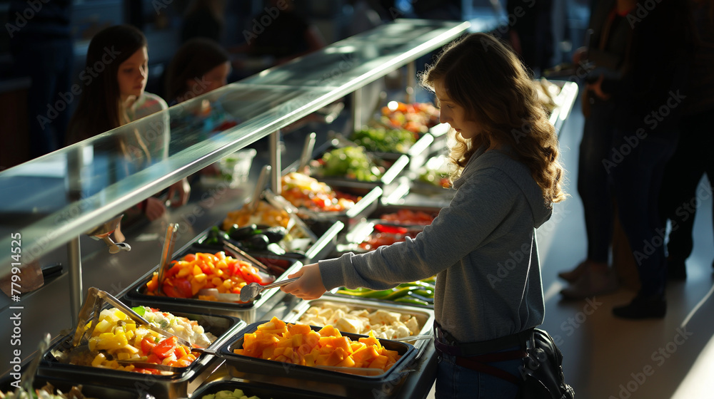 A student selecting items from a buffet-style serving line, with an array of healthy options displayed. The natural light from above casts soft shadows over the food, emphasizing t