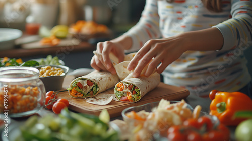 Close-up of a mother's hands as she wraps a nutritious wrap and cuts it into halves, with a variety of healthy snacks laid out on the table. Natural light illuminates the scene, cr