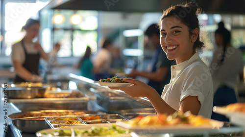 A student cafeteria worker smiling as they serve food, behind a counter filled with an array of dishes. The natural light shines on the service area, highlighting the friendly inte photo