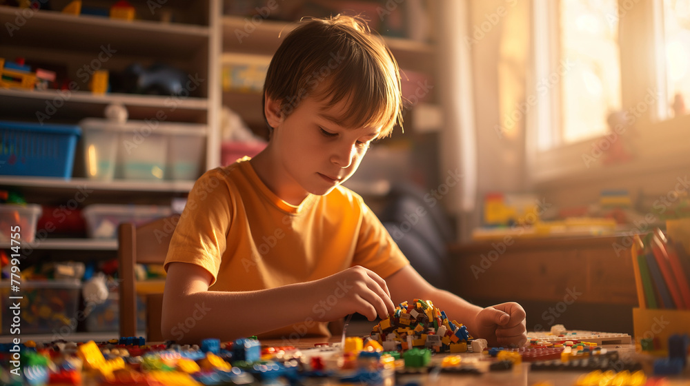 A focused schoolboy building a complex lego structure for a class project on his desk, with instructions and pieces spread out. Sunlight from the window casts a spotlight on his pr