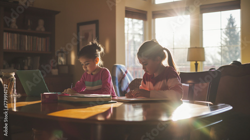Two siblings at the dining room table, working on homework together. The late afternoon sunlight streams in, casting long, soft shadows and a warm glow over their shared learning e © Катерина Євтехова