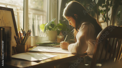 A schoolgirl seated at a desk, drawing and coloring a poster for an art assignment. The soft light from a nearby window illuminates her artwork, casting soft shadows that highlight photo