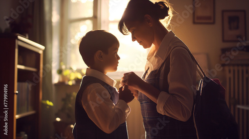 A mother tenderly fixes her son's uniform as they prepare for school, sharing a moment of encouragement and love. The soft morning light fills the room, creating a serene start to