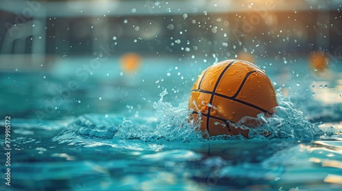 A water polo ball just thrown by a player, with the splash of water and the goal in the distance blurred, showcasing the strength and precision of water polo