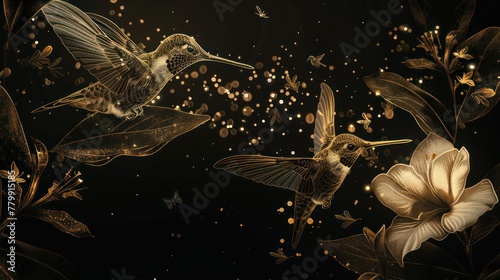 black background with gold line sketch of flowers with hummingbirds
