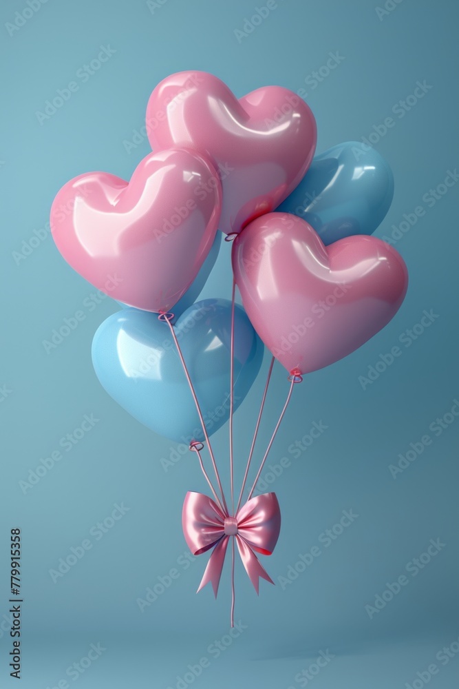 Glossy heart-shaped balloons in shades of pink and blue, tied with a delicate ribbon, floating against a soft blue backdrop.