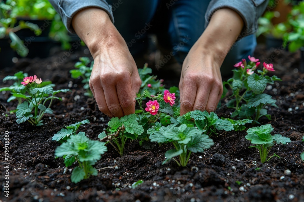 Person planting small flowers in the garden, rich soil visible. Person planting small flowers in the garden, rich soil visible.