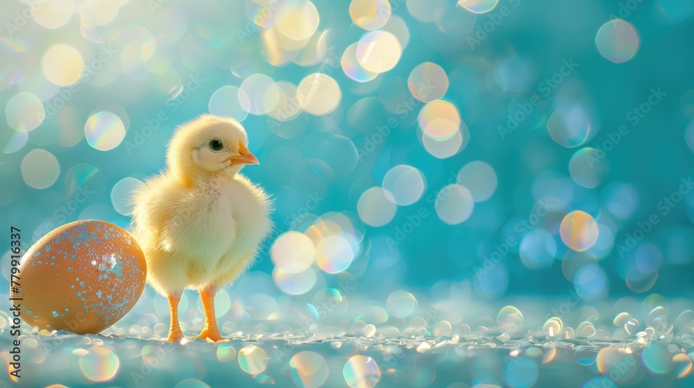 Cute little Easter chick with painted eggs on shimmering and glittering light blue bokeh background with copyspace
