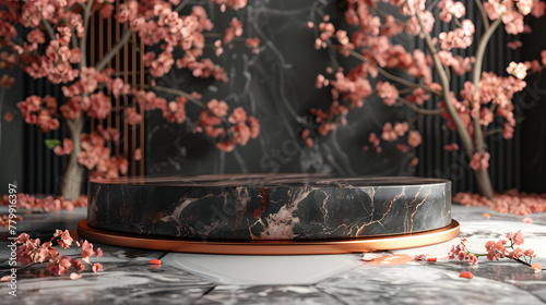 A black and copper pedestal sits in front of a black marble wall with pink flowers.