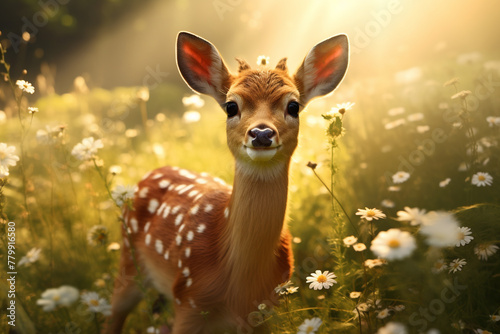 A small deer wearing a flower crown, standing in a sunlit meadow.