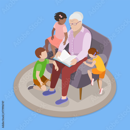 3D Isometric Flat Vector Illustration of Reading With Grandma , Grandmother and Grandkids Time