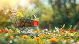A shopping cart filled with flowers and plants in a field, AI