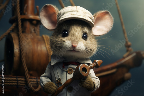 A small mouse wearing a sailor's hat, holding a tiny anchor.