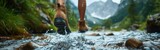 River Trek: Close-up of Hiker's Feet in Hiking Shoes on Mountainous Trail with Panoramic Landscape View as Background - Outdoor Adventure and Nature Travel Concept