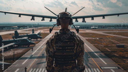 A man in military uniform looking at a plane on runway, AI photo