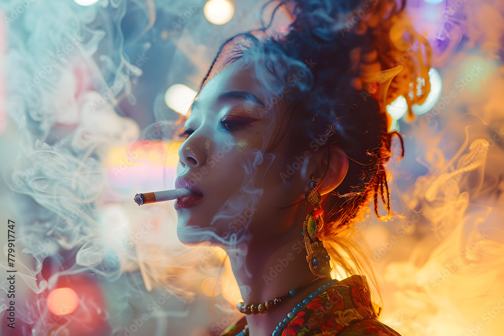 Closeup art fashion portrait of beautiful Asian woman with colorful braids in neon colors smoking