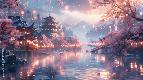 The image features a beautiful Japanese village surrounded by water, lit by lanterns. The sky is dark, and snow is falling, creating a serene atmosphere. The village is nestled among cherry blossom tr © wing