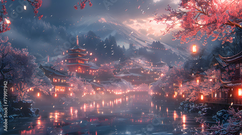 The image features a beautiful Japanese village surrounded by water, lit by lanterns. The sky is dark, and snow is falling, creating a serene atmosphere. The village is nestled among cherry blossom tr © wing
