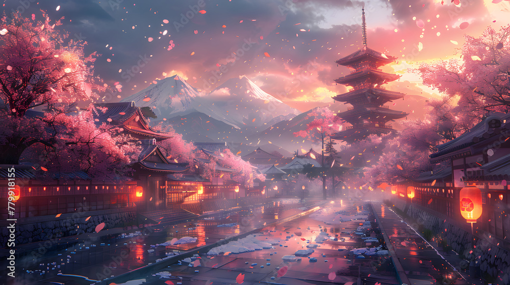 The image features a beautiful Japanese village surrounded by water, lit by lanterns. The sky is dark, and snow is falling, creating a serene atmosphere. The village is nestled among cherry blossom tr