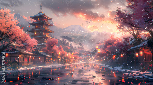 The image features a beautiful Japanese village surrounded by water, lit by lanterns. The sky is dark, and snow is falling, creating a serene atmosphere. The village is nestled among cherry blossom tr