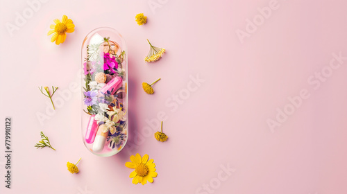 Dietary supplements concept a pill capsule with flowers and herbs inside the capsule, pastel pink background high quality .
