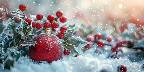 A red ornament sitting on top of snow covered ground.