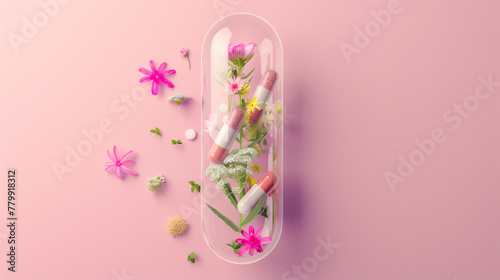 Dietary supplements concept a pill capsule with flowers and herbs inside the capsule, pastel pink background high quality .