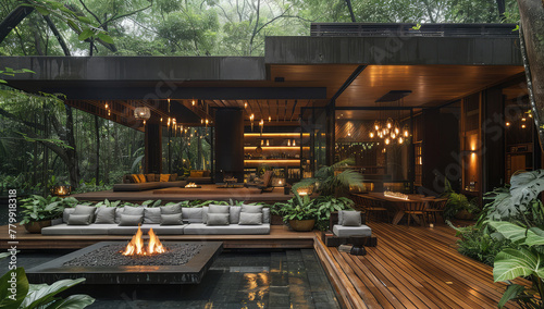 A modern, minimalist house in the woods with a wooden deck and glass doors leading to an open living room with an outdoor seating area. Created with Ai