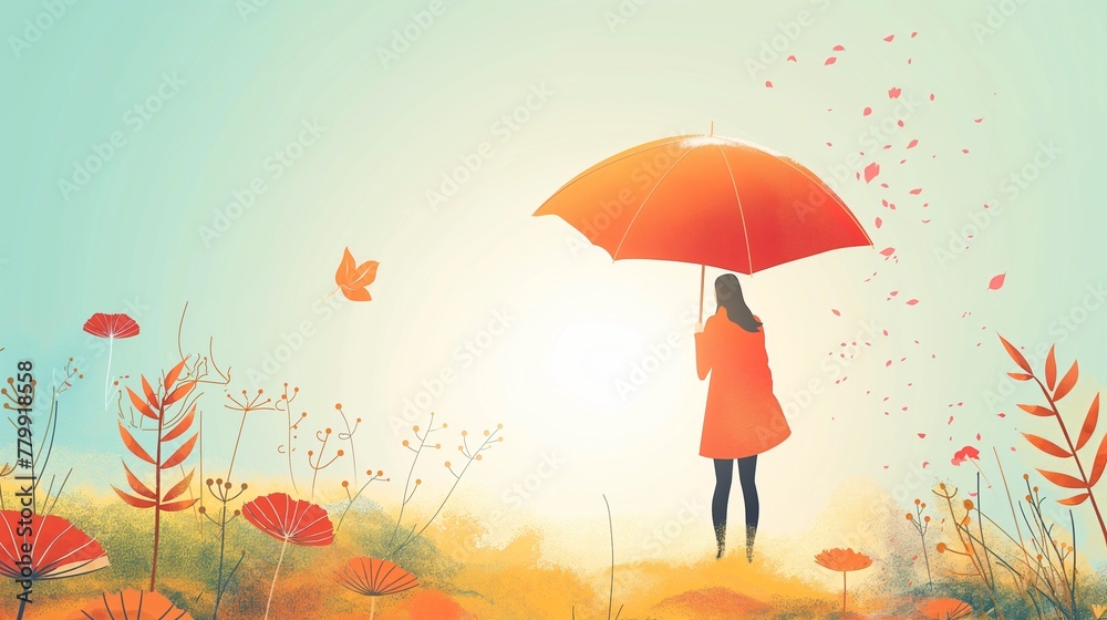 Tranquil Autumn Day with Orange Umbrella Vector Illustration
