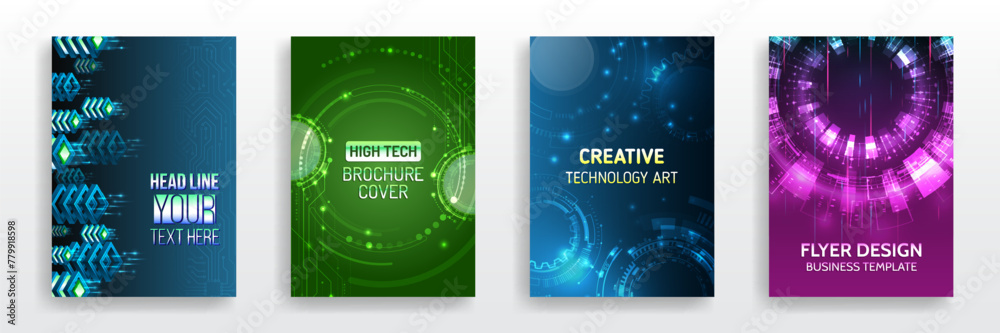 Obraz premium Set of high-tech covers for marketing. Modern technology design for posters. Futuristic background for flyer, brochure. Scientific cover template for presentation, banner.