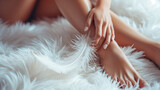 Beautiful Soft Skin. Closeup Of Long Woman Legs With Perfect Hairless Smooth Silky Skin, Leg With White Feather.