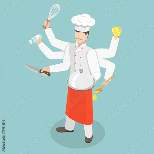3D Isometric Flat Vector Illustration of Multitasking Chef, Skillful and Talented