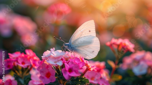 A butterfly sitting on a pink flower with the sun behind it, AI © starush