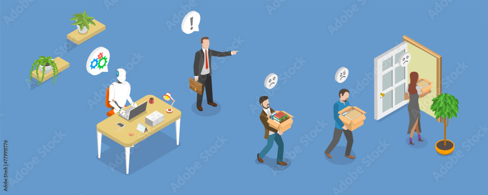 Fototapeta premium 3D Isometric Flat Vector Illustration of Robotic Process Automation Impact on Employment, Dismissal From Workplace