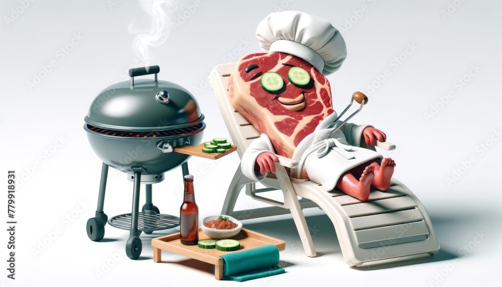 Naklejka premium Steak and grill enjoy a spa day, humorously showcasing cooking.