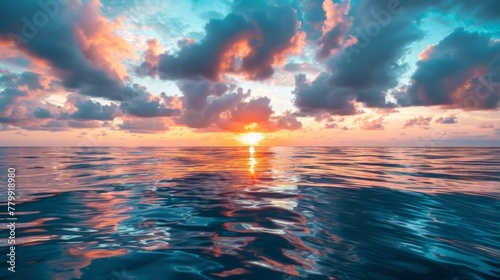 A sunset over the ocean with clouds in the sky, AI
