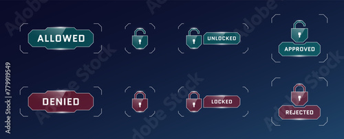 HUD digital futuristic user access allowed and denied button set. Account verification entry protect symbol. Videogame security interface. GUI FUI design vector eps element collection