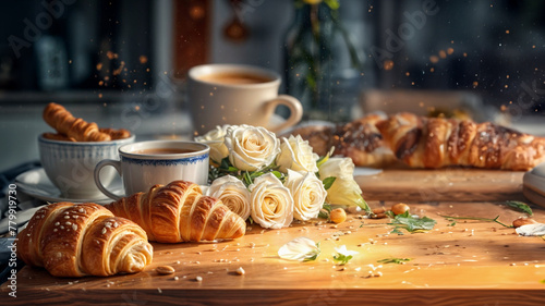 Alba Gustosa- Croissant Freschi e Bevande Calde su un Elegante Piano Cucina con Fiori di Rose Bianche photo