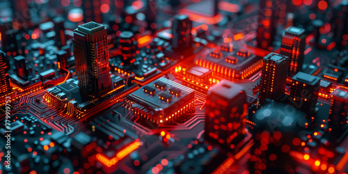 3d illustration of a futuristic micro chips city at night. Computer science and electronics background concept.