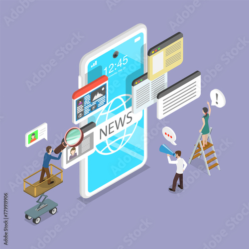 3D Isometric Flat Vector Illustration of Online News Mobile App, Internet Press or Web Articles