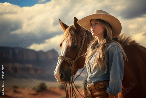 Portrait of a beautiful cowgirl with her horse in America’s wide west.