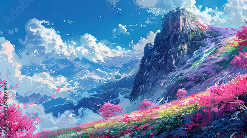 Mountain nature anime illustration, manga, lofi, house, spring #779920153