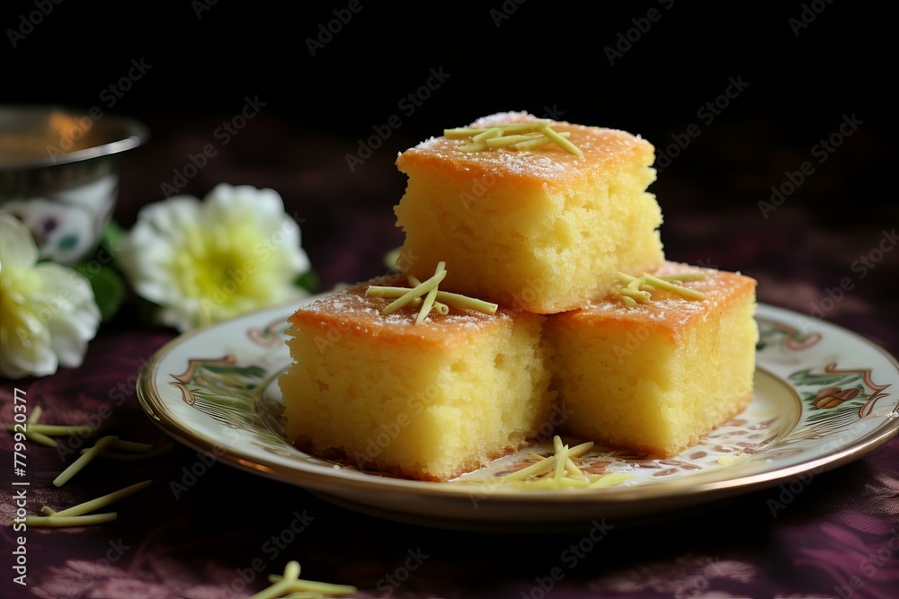 Crumbly Semolina cake honey spoon oriental. Pie baked table muslim food. Generate Ai Crumbly Semolina cake honey spoon oriental. Pie baked table muslim food. Generate Ai