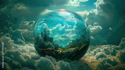Underwater world in a glass sphere. Inside the glass.
