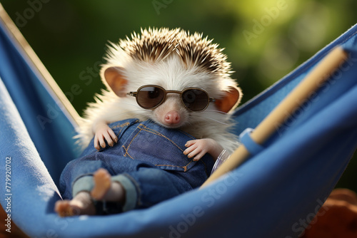 A tiny baby hedgehog wearing a denim jacket and sunglasses, relaxing on a tiny hammock. photo