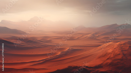 Desert landscape. Fantastic landscape on surface of planet Mars. Panorama of sunset in sand dunes  canyon  valley  mountains. Concept banner for exploring lifeless distant planets. Extreme tourism. 